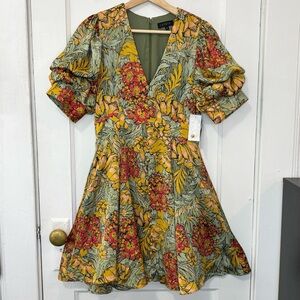 NWT 1. STATE Women Multicolor Floral Short Puff Sleeve Fit & Flare Mini Dress, S